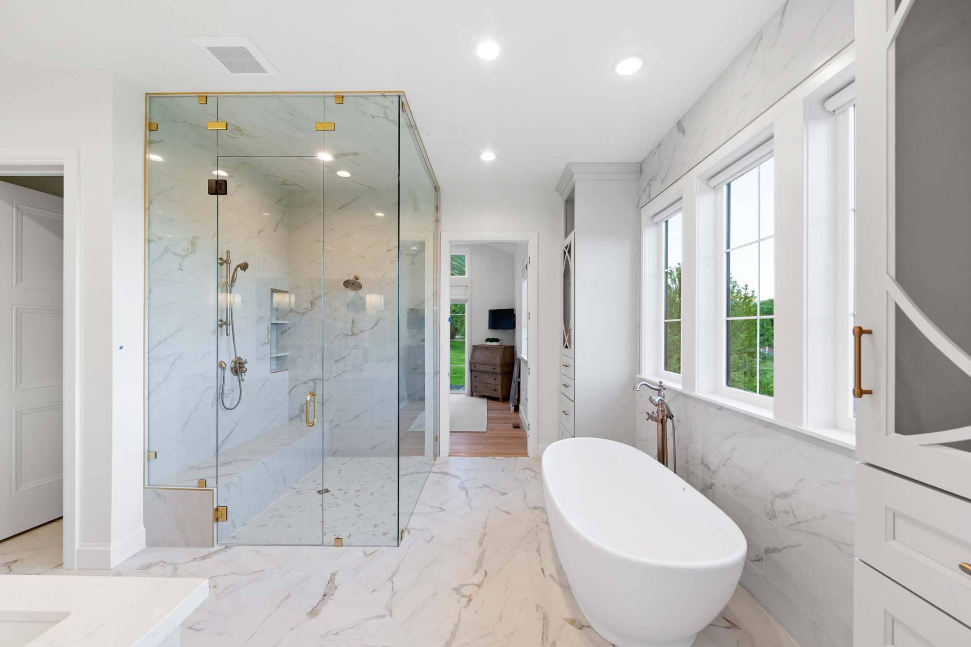 Steam shower in beautiful luxury master bathroom at home in Utah parade of homes