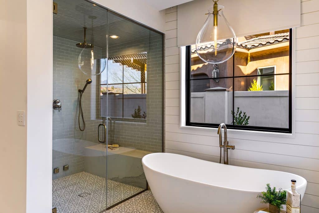 Luxury bathroom with steam shower and garden tub