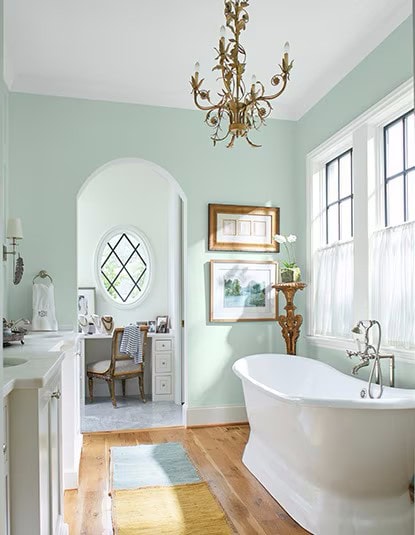 Mediterranean-style bathroom with beautiful light blue-green paint hue